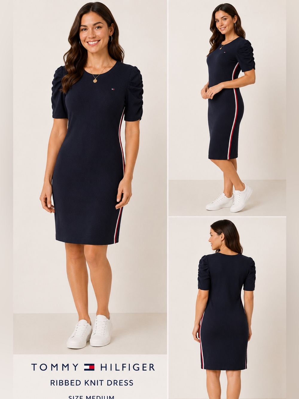 Tommy Hilfiger Black Midi Knit Dress with Side Stripes Navy Blue